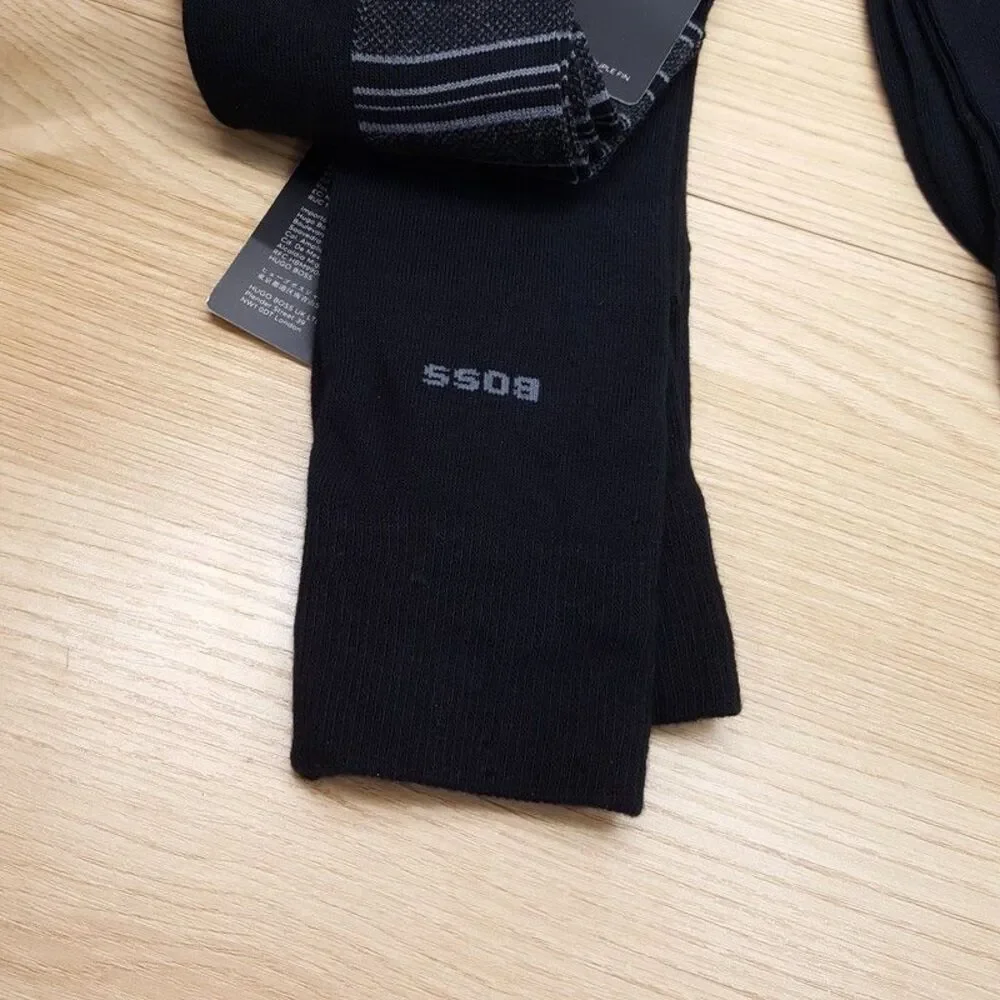 HUGO BOSS Crew Dress Socks Mens 4-Pair Solid Black Stripe Cotton Blend 2-Pack x2